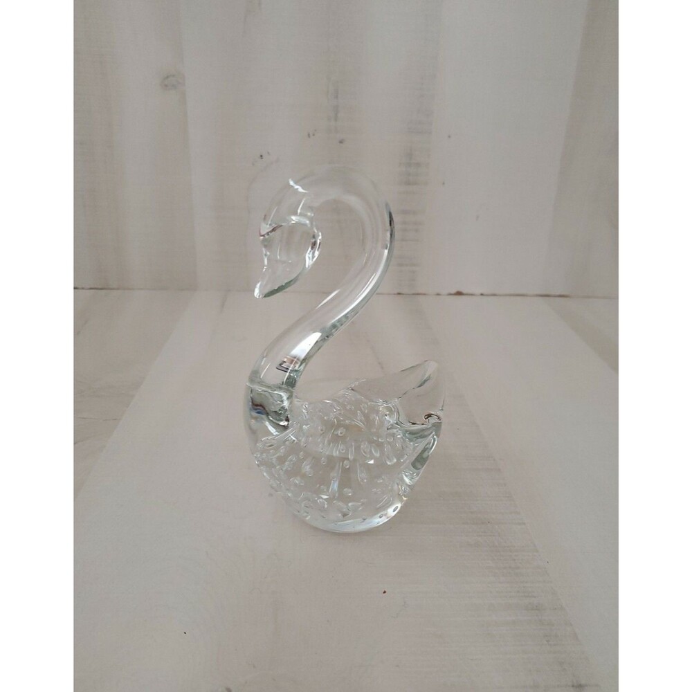 Vintage TANCO Controlled Bubble Clear Art Glass Swan Paperweight Made in Taiwan